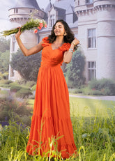 Sunset Bloom – Orange Frill Shoulder Maxi Dress